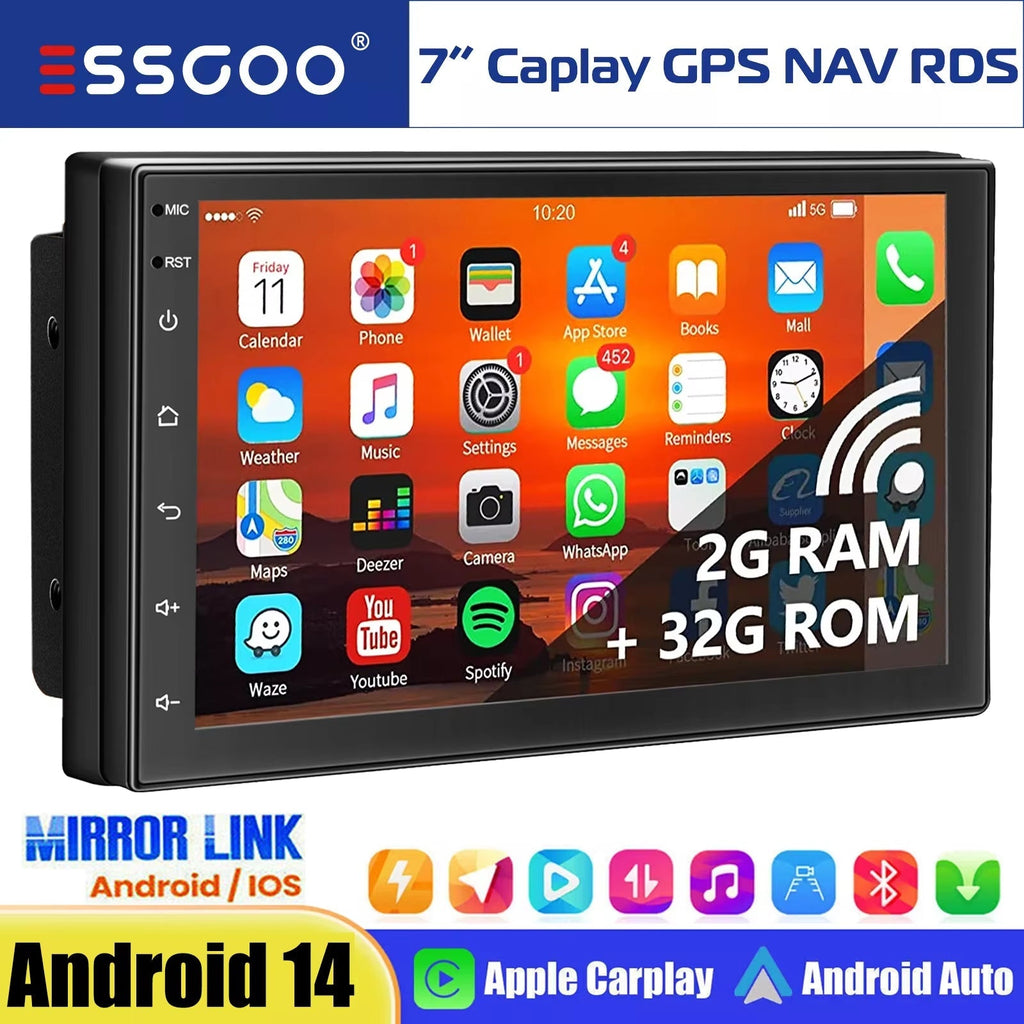 7-Inch Double DIN Android 14 CarPlay Multimedia Video Player with GPS Navigation, Wi-Fi, FM/RDS, and Bluetooth Compatibility  -2-32gb
