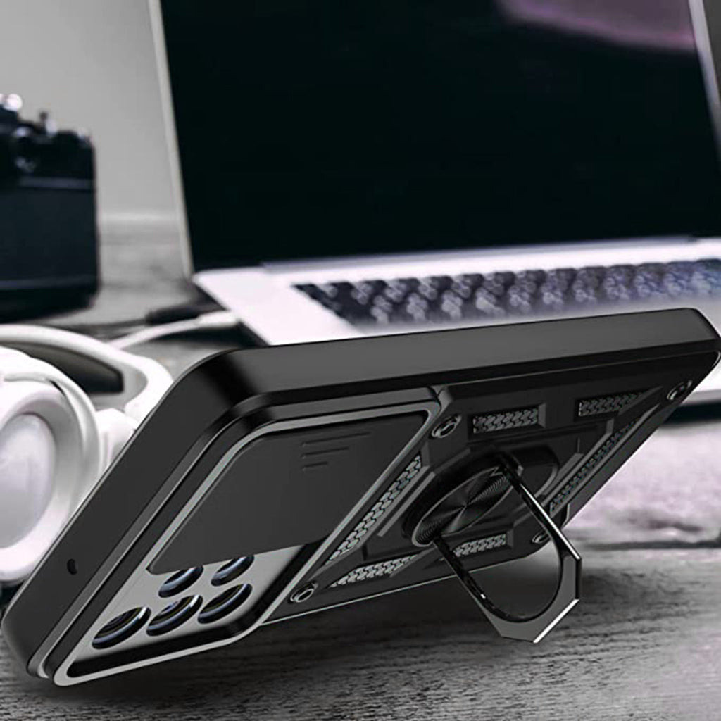 Kickstand Ring Holder With Slide Camera Cover Tpu Shockproof Case And Magnetic Car Mount For Samsung Galaxy A23 In Black