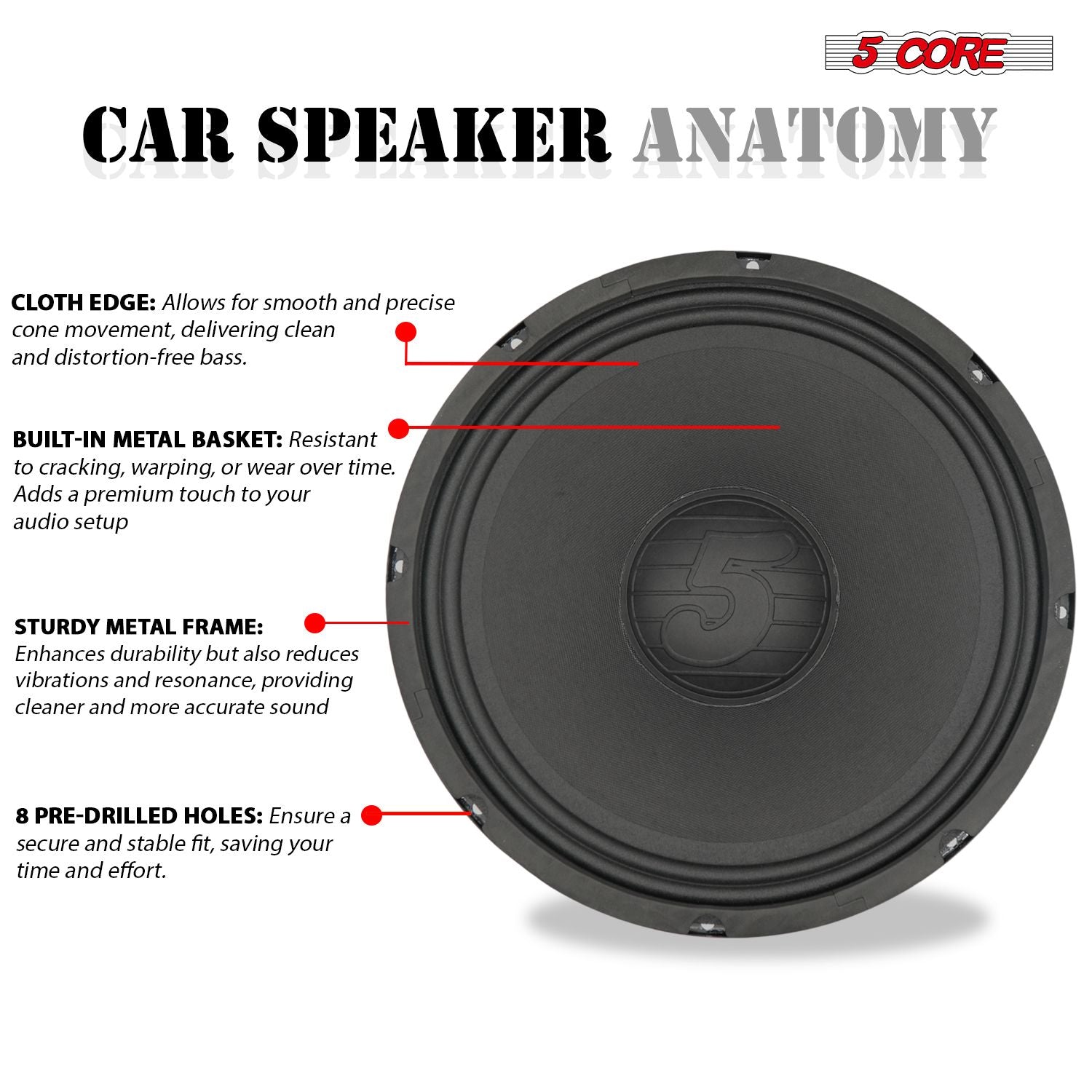 12 Inch Car Audio Speaker Pair 200W 4 Ohm Loud Clear Sound Replacement Component Driver - 2Pcs