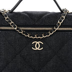 Denim Quilted Top Handle Slim Vanity Case With Chain Dark Blue