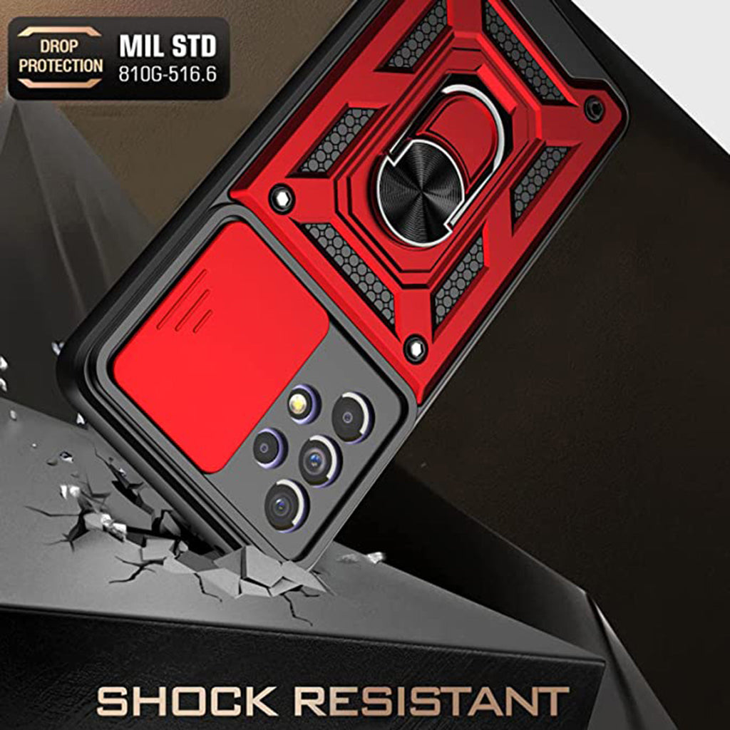 Kickstand Ring Holder With Slide Camera Cover Tpu Shockproof Case And Magnetic Car Mount For Samsung Galaxy A23 In Red