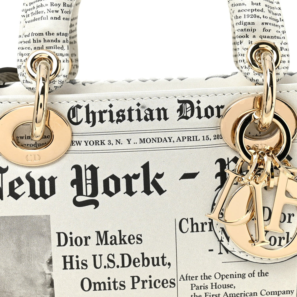 Calfskin Newspaper Printed Small Lady D-Joy Black White