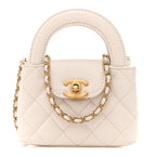 Shiny Aged Calfskin Quilted Mini Nano Kelly Shopper White