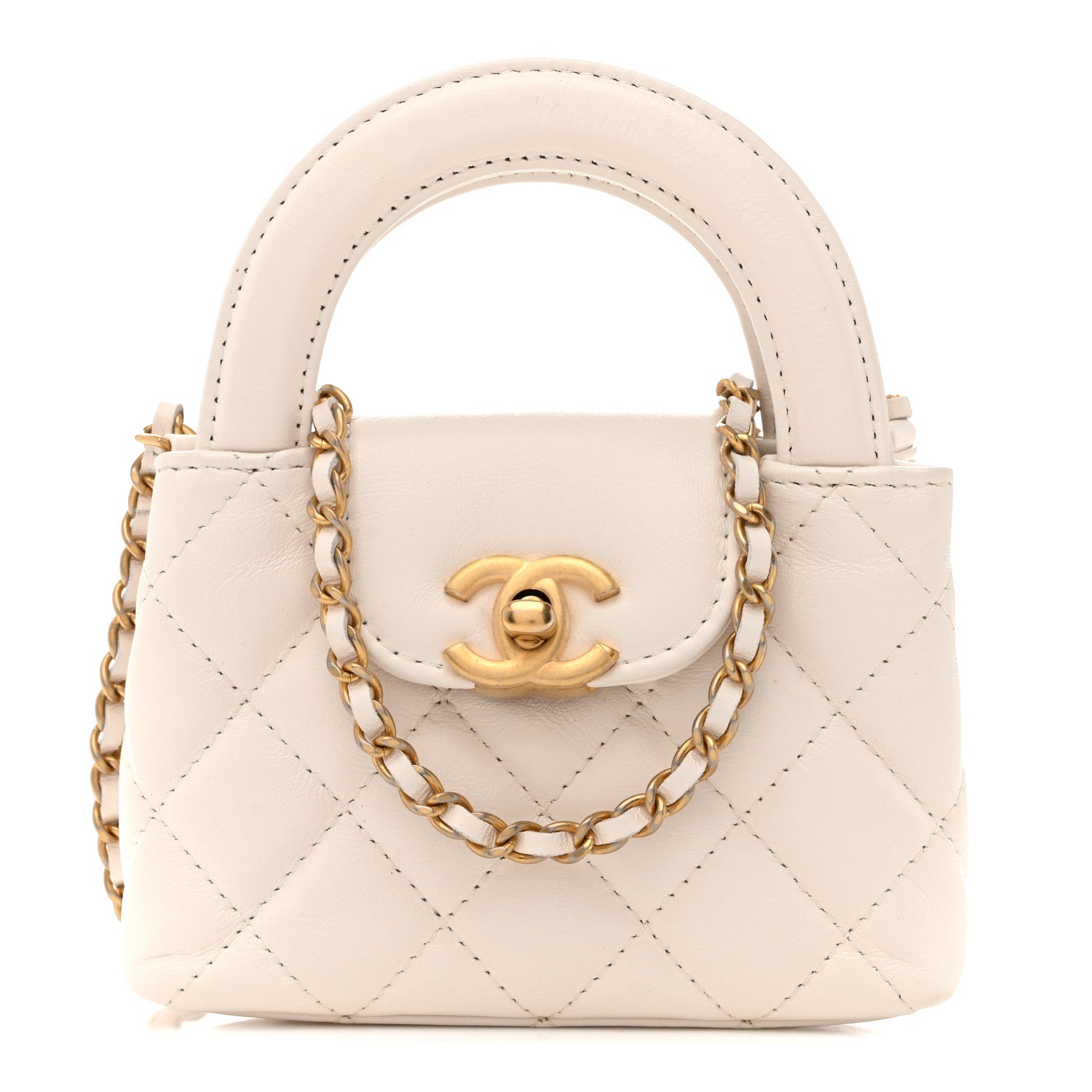 Shiny Aged Calfskin Quilted Mini Nano Kelly Shopper White