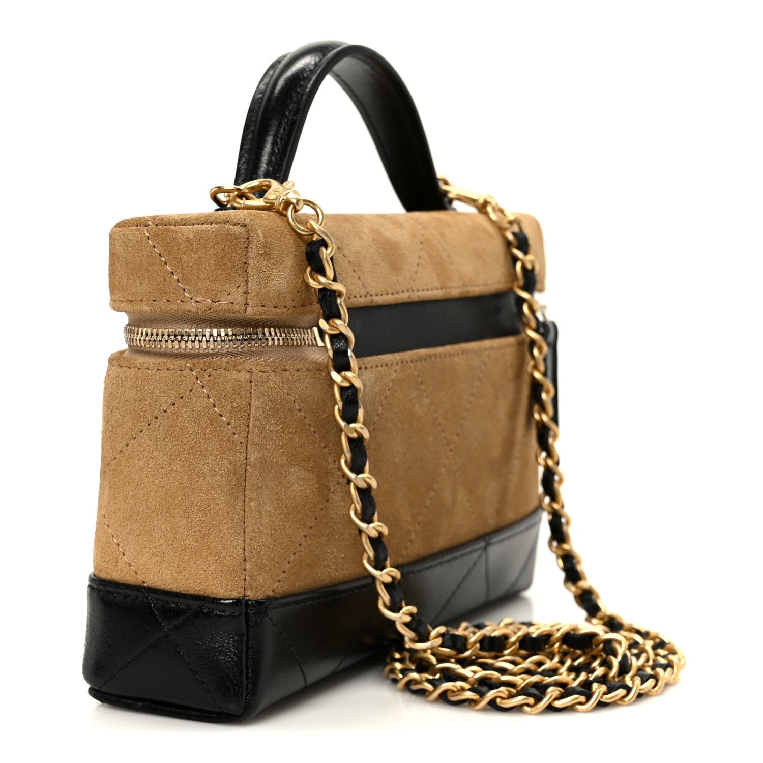 Suede Calfskin Shiny Lambskin Stitched Top Handle Slim Vanity Case With Chain Beige Black