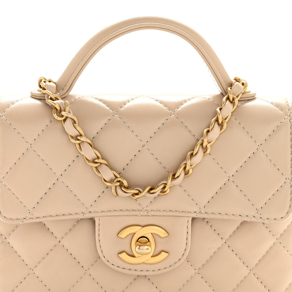 Lambskin Quilted Small Flap Top Handle Bag Beige