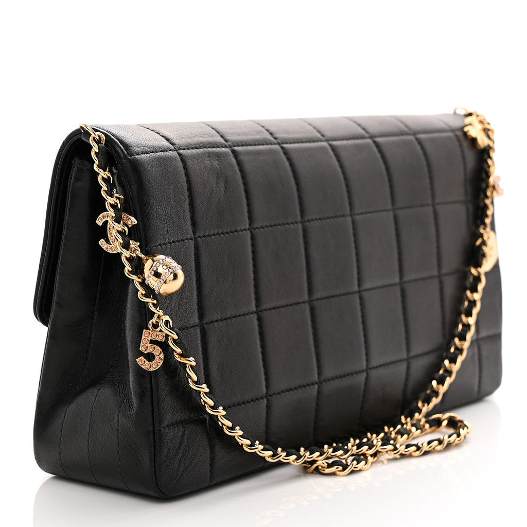 Lambskin Quilted Crystal Chocolate Bar Charm Flap Black