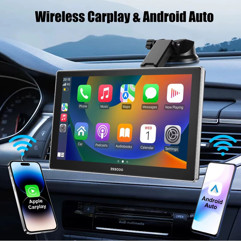 9-Inch Touchscreen Portable Car Stereo with Wireless Apple CarPlay, Android Auto, USB, TF, Bluetooth, and Mirror Link Functionality with 64gb Tf Card and Camera