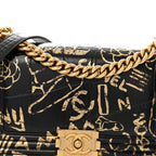 Calfskin Crocodile Embossed Graffiti Cocodile Medium Boy Flap Black