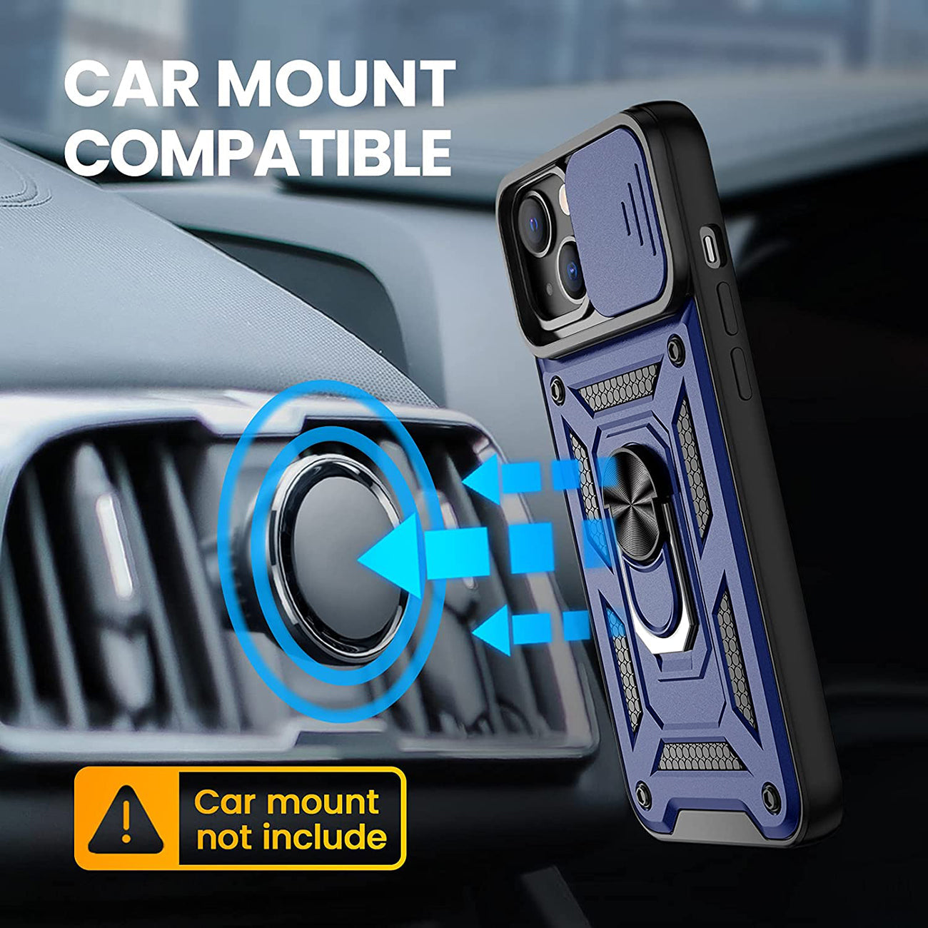 Kickstand Ring Holder With Slide Camera Cover Tpu Magnetic Car Mount For Apple Iphone 13 In Blue