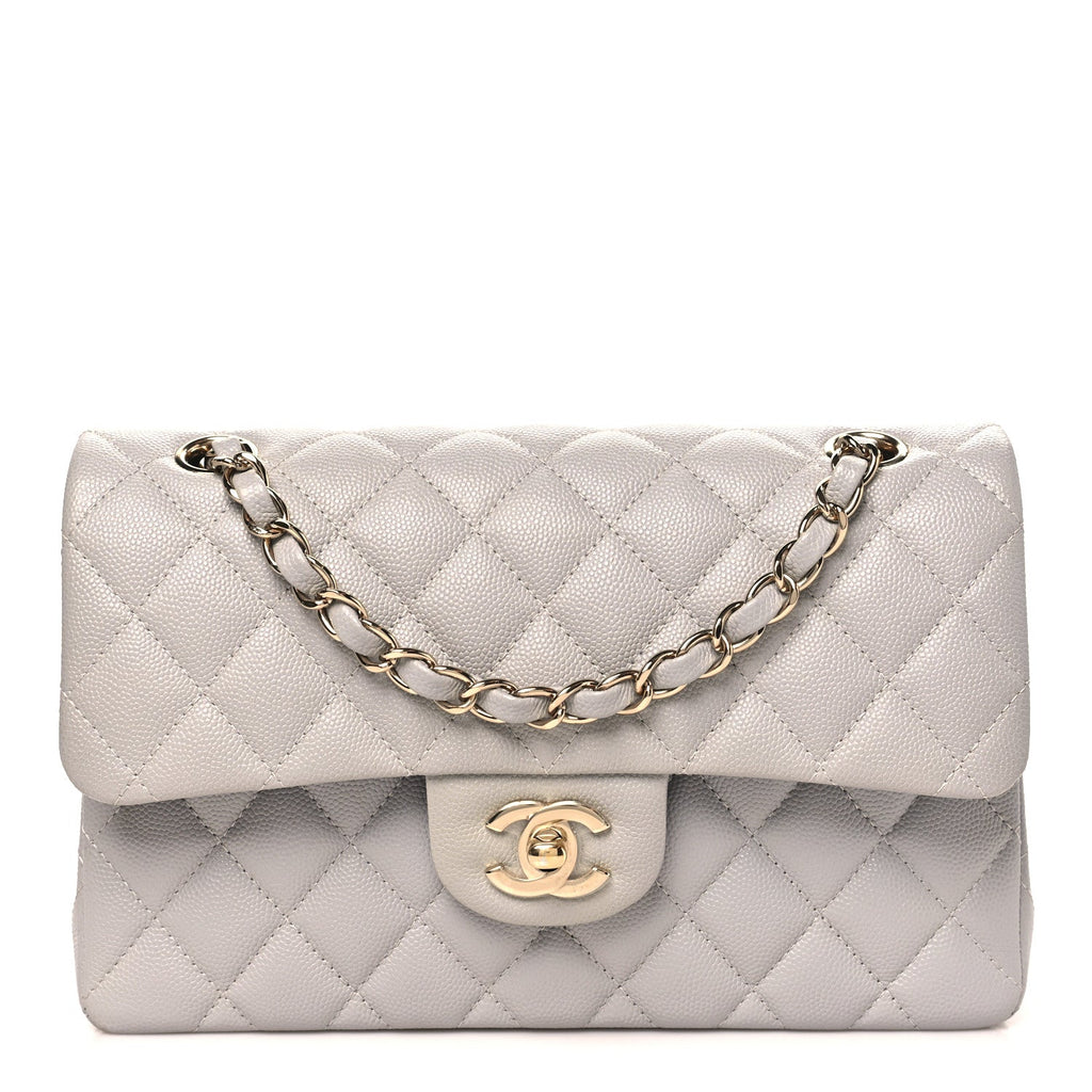 Caviar Quilted Small Double Flap Grey