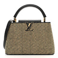 Raffia Calfskin Capucines MM Black Ecru