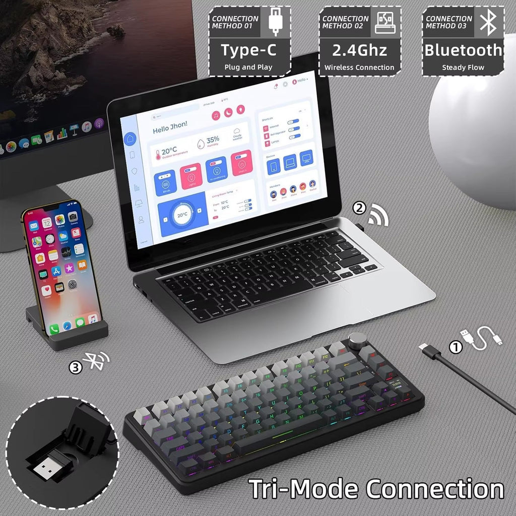 75% Mechanical Keyboard with Display and Knob, Hot-Swappable, Wireless 2.4GHz/Bluetooth/Wired, RGB Gasket Mount QM