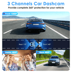 3 Channel Dash Cam for Cars, 1080P Full HD Front Camera (140° Wide View) with 480P Interior & Rear Cameras, 360° Vehicle Protection, Picture-in-Picture Display for Collision Evidence