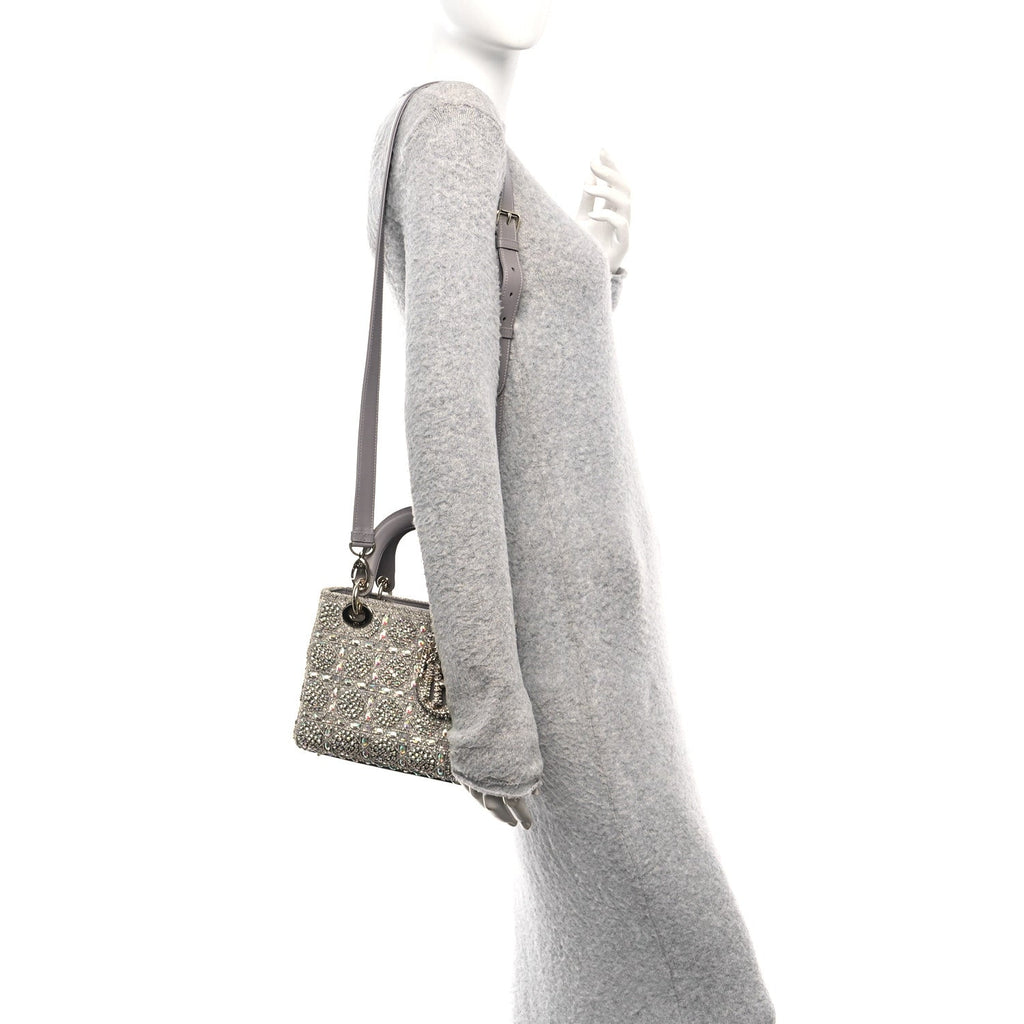 Calfskin Satin Celestial Bead Embroidery Embroidered Small Lady Dior Grey Multicolor