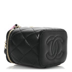 Lambskin Quilted Top Handle Mini Vanity Case With Chain Black Pink