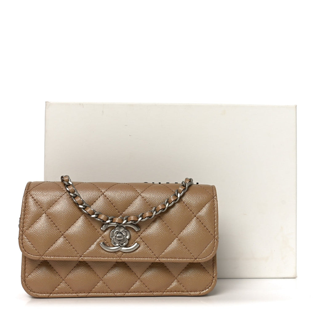 Iridescent Caviar Quilted Camellia Phone Holder With Chain Beige