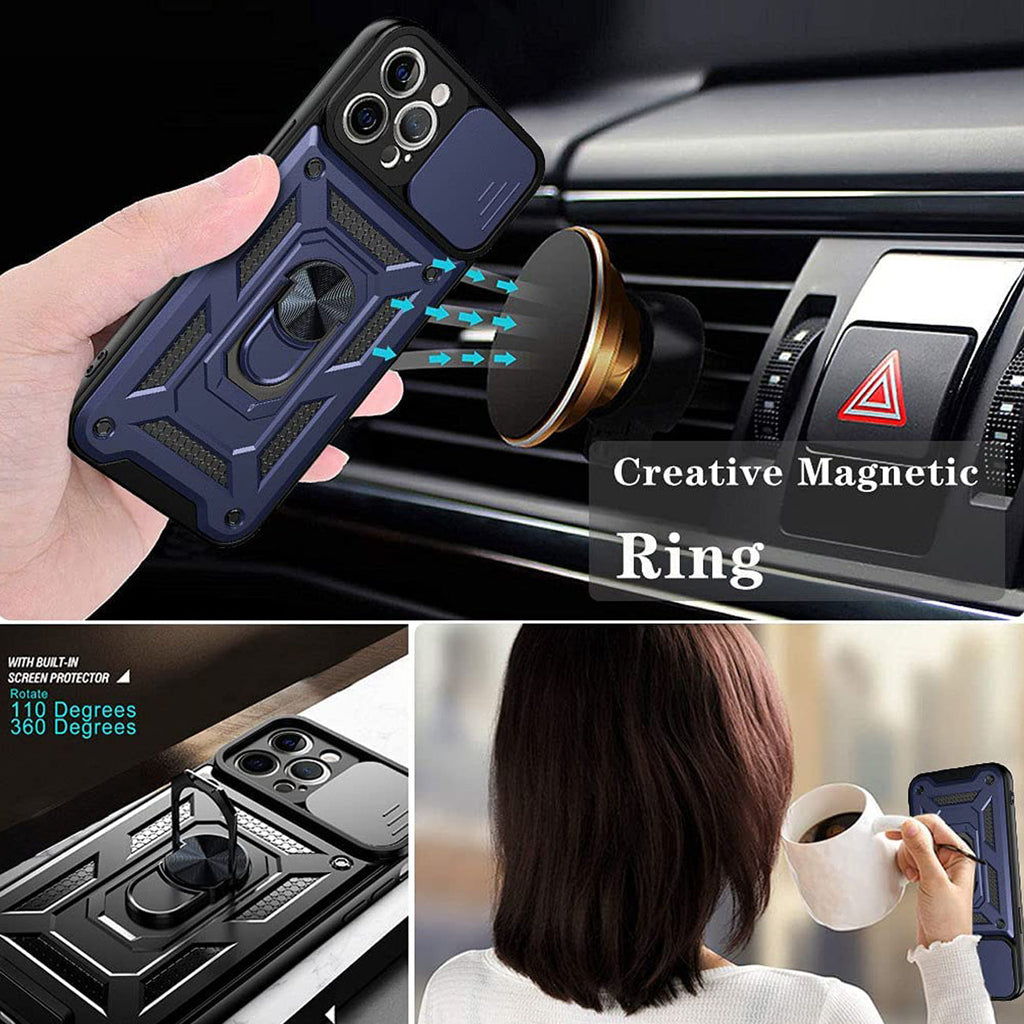 Kickstand Ring Holder With Slide Camera Cover Tpu Shockproof Case And Magnetic Car Mount For Apple Iphone 12 Pro Max In Blue