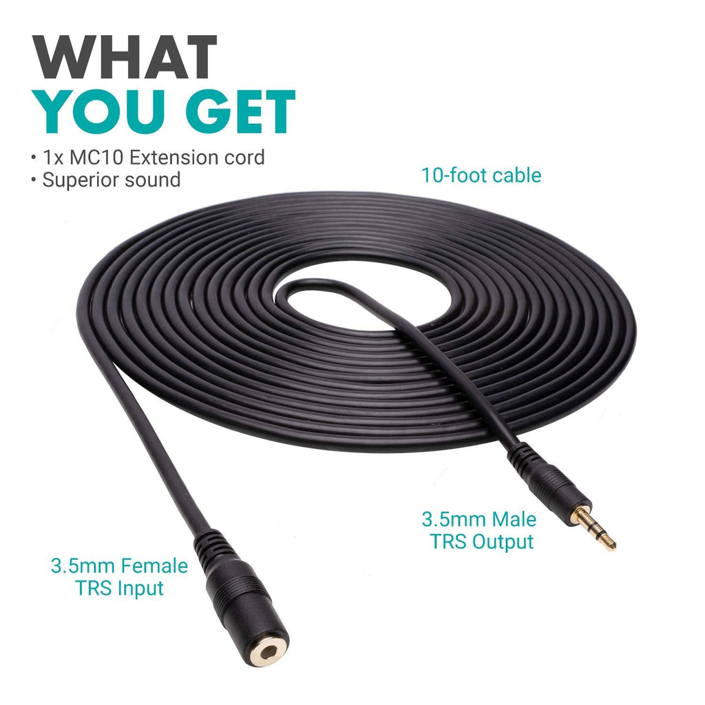 Movo MC10 3.5mm TRS Female to Male Extension Cable - 10ft