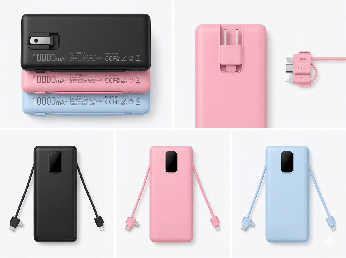 Any Charge 10K: All-in-One 10,000mAh Power Bank with Built-in Cables & Wall Plug