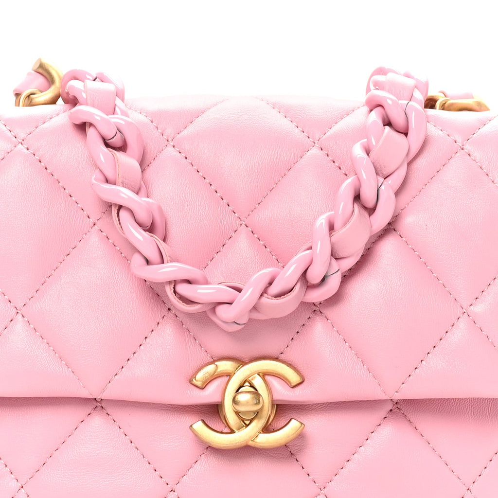 Lambskin Quilted Mini Lacquered Chain Flap Pink