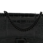 Shiny Calfskin Monochrome Crocodile Embossed Hourglass Chain Bag Black