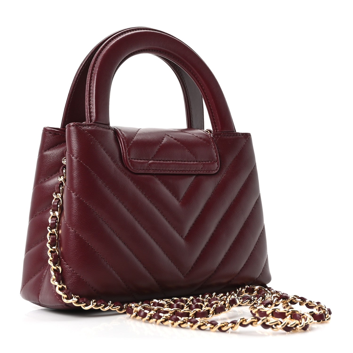Shiny Lambskin Chevron Quilted Nano Kelly Shopper Dark Burgundy