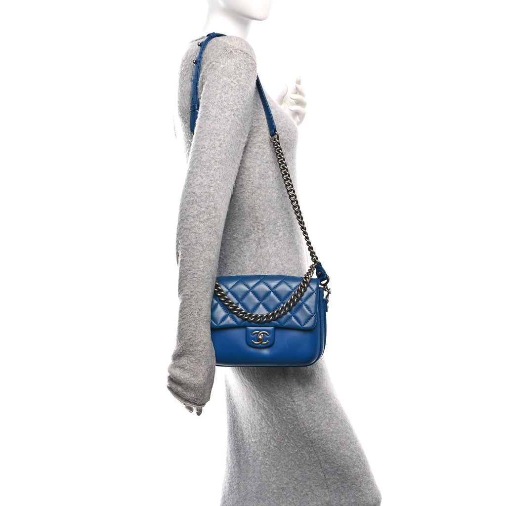 Calfskin Quilted Medium Rock My Shoulder Flap Blue