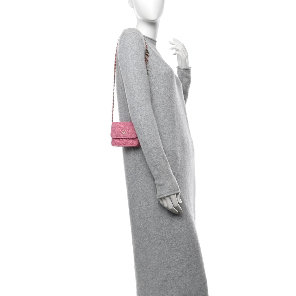 Tweed Quilted Flap Chain Waist Bag Pink