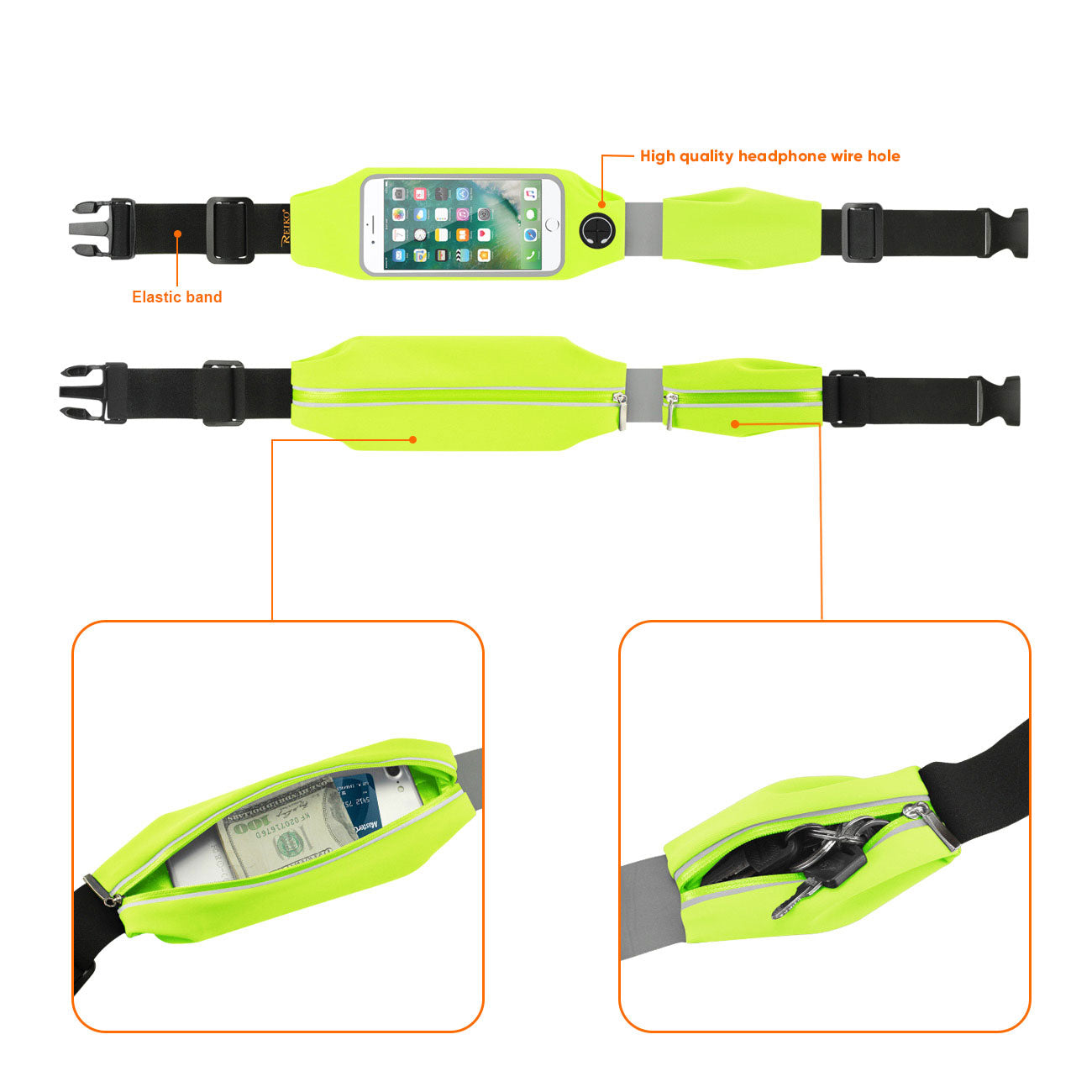 Reiko Running Sport Belt For Iphone 7/ 6/ 6S Or 5 Inches Device With Two Pockets And Led In Green (5X5 Inches)