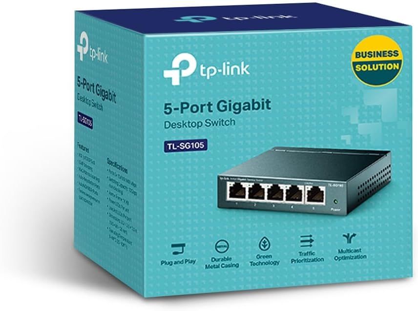 5 Port Gigabit Unmanaged Ethernet Switch, Network Hub, Ethernet Splitter, Plug & Play, Fanless Metal Design, Shielded Ports, Traffic Optimization