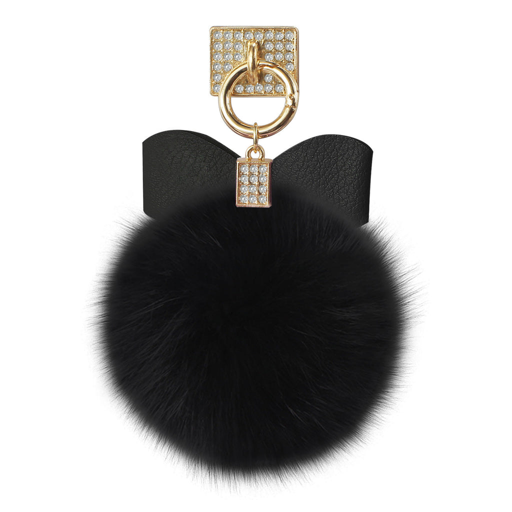 Reiko Phone Holder/ Finger Loop Grip With Rhinestone Soft Puffy Fur Ball In Black