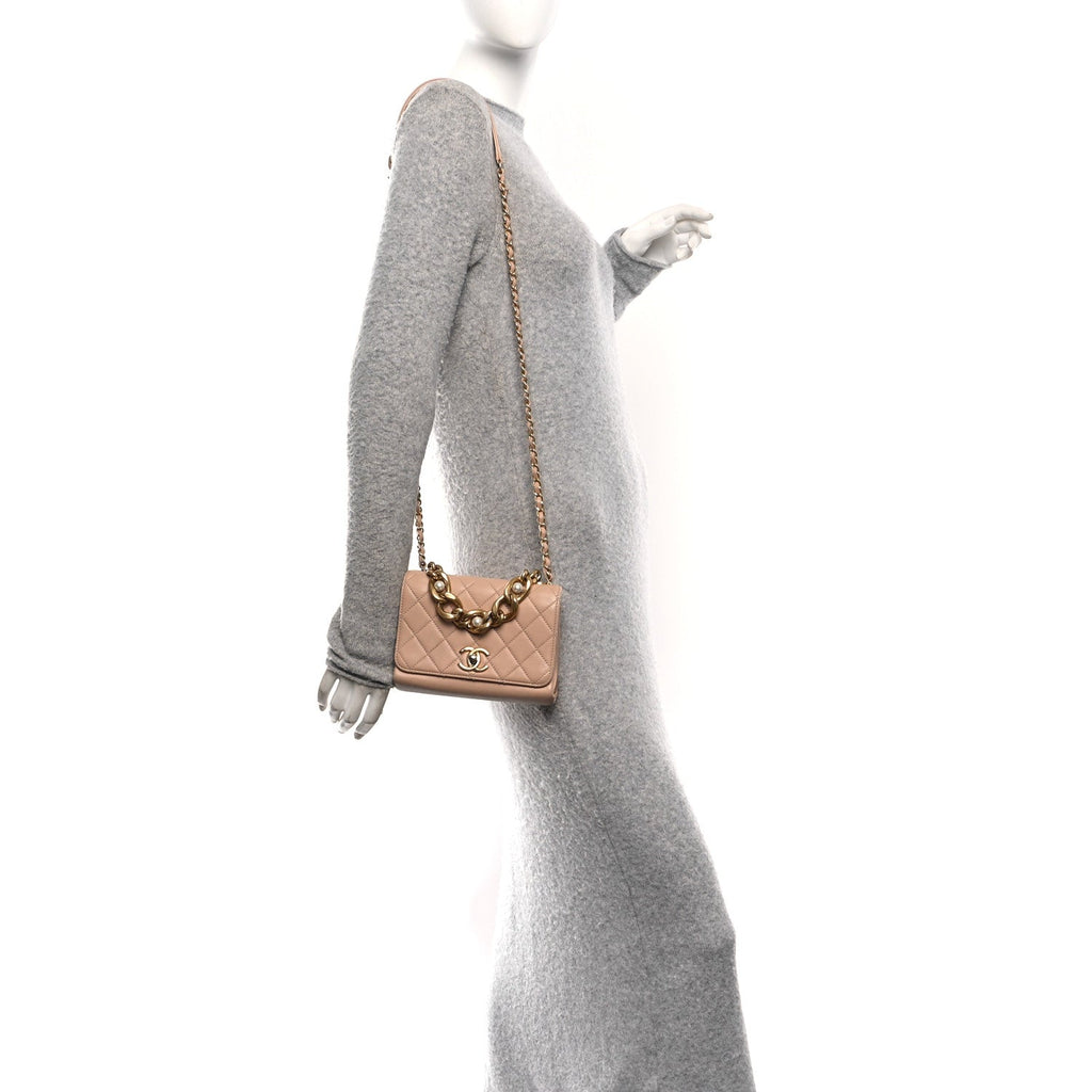 Calfskin Quilted Pearl Jewel Chain Flap Beige