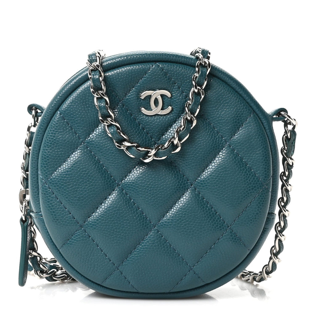 Caviar Quilted Round Clutch With Chain Green