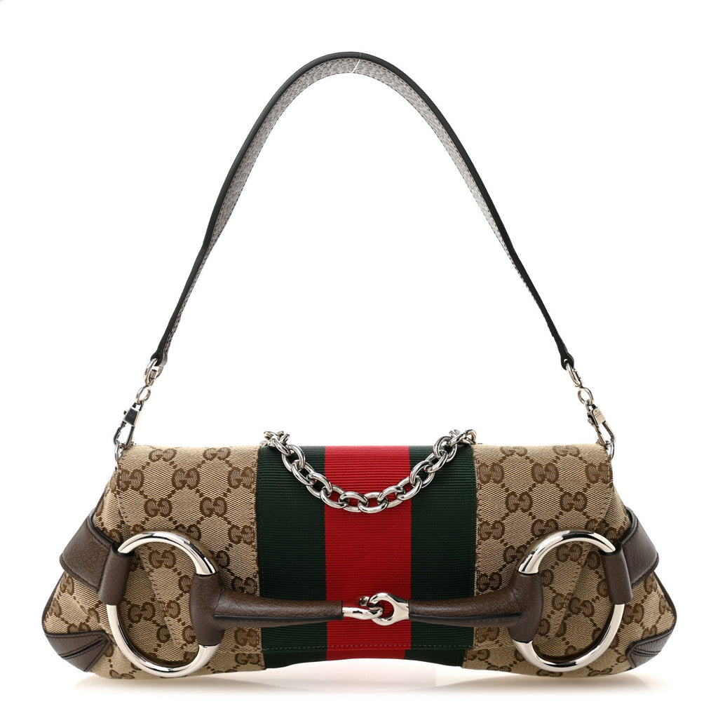 Monogram Textured Dollar Calfskin Heavy Grosgrain Web Medium Maxi Horsebit Chain Shoulder Bag Beige Ebony New Acero