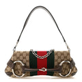 Monogram Textured Dollar Calfskin Heavy Grosgrain Web Medium Maxi Horsebit Chain Shoulder Bag Beige Ebony New Acero