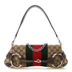 Monogram Textured Dollar Calfskin Heavy Grosgrain Web Medium Maxi Horsebit Chain Shoulder Bag Beige Ebony New Acero