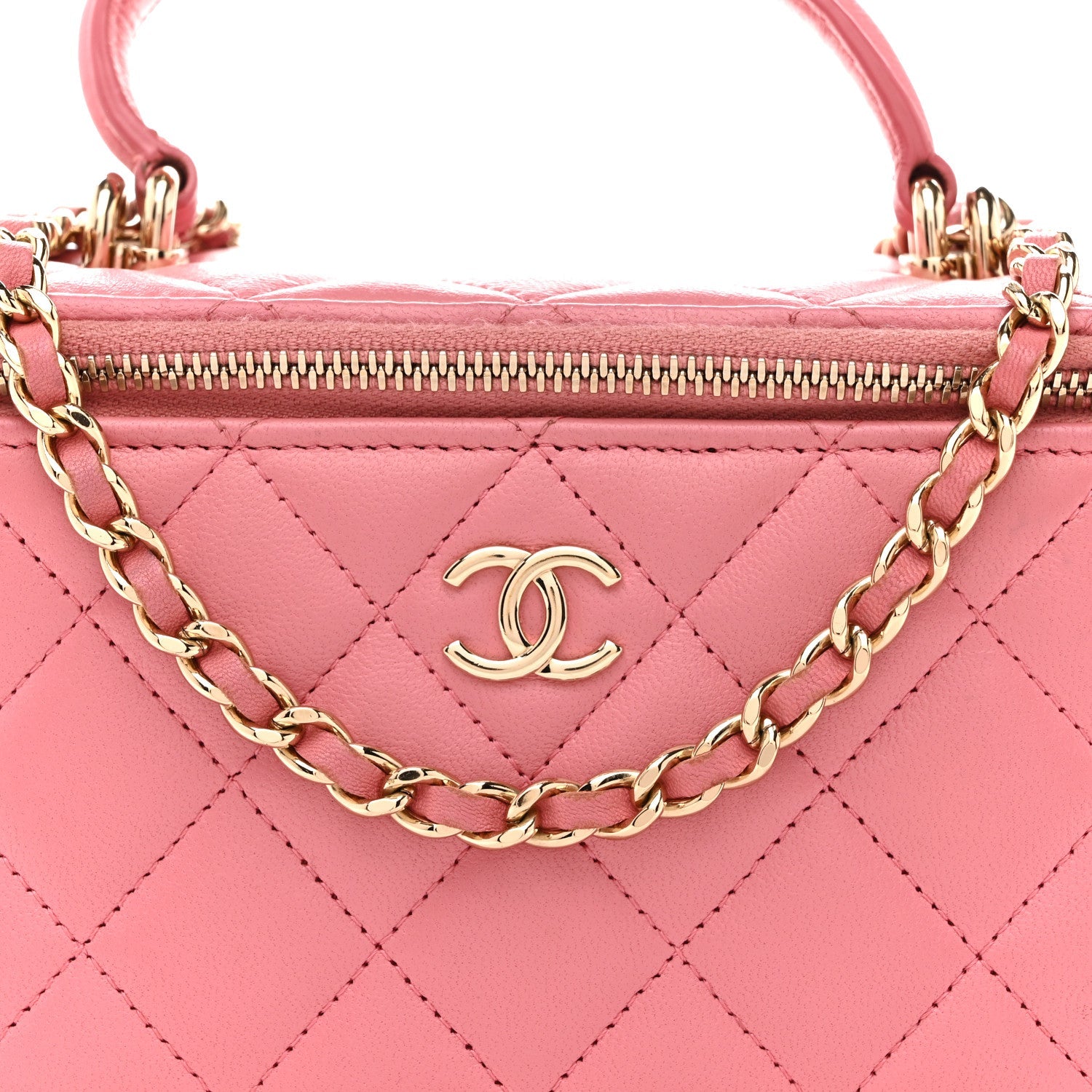 Lambskin Quilted Small Top Handle Vanity Case With Chain Pink