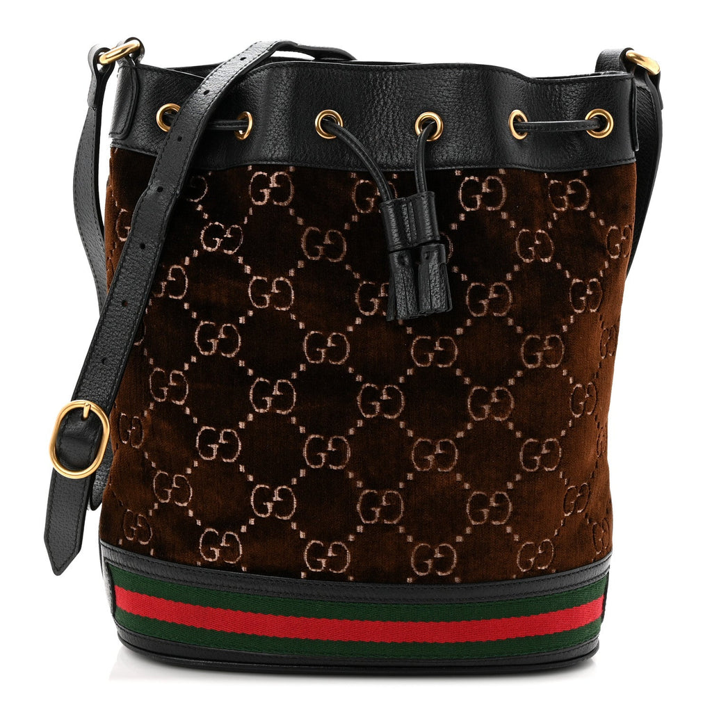 Velvet GG Monogram Textured Calfskin Web Bucket Bag Brown Black