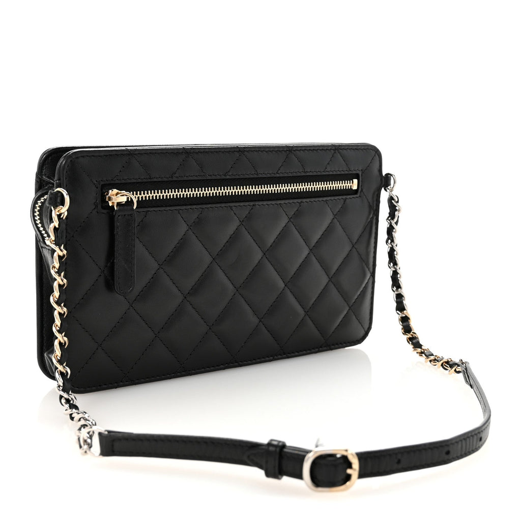 Lambskin Quilted Front Pocket Clutch With Chain Black