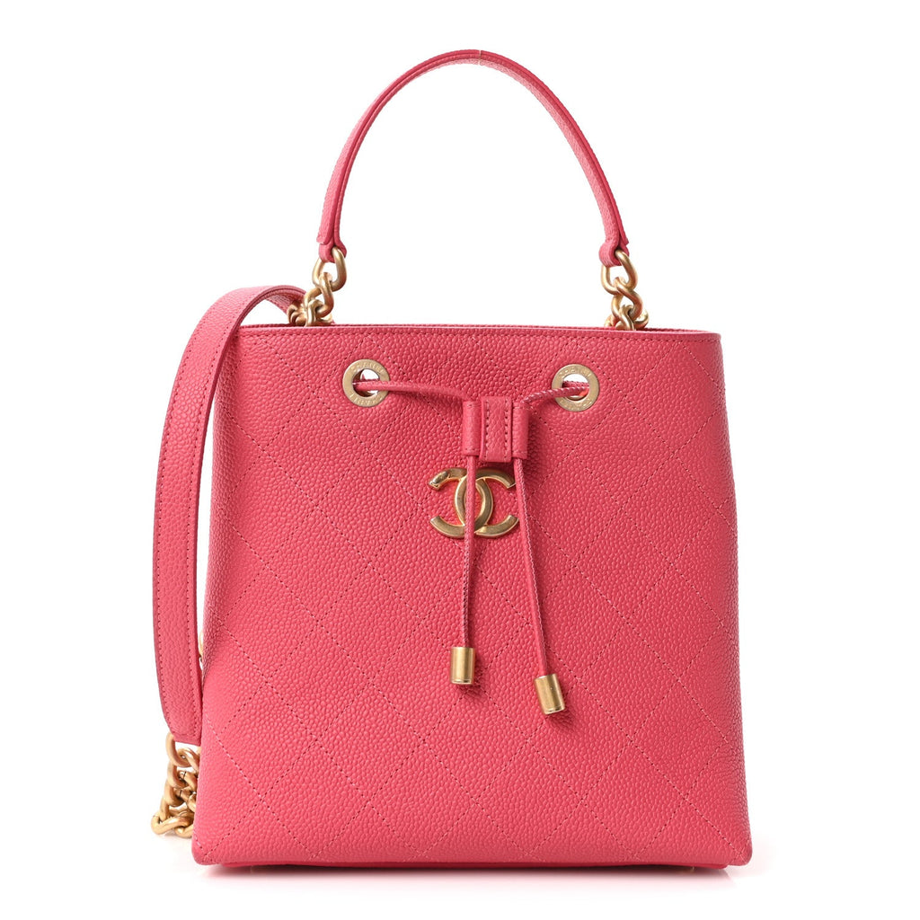 Caviar Quilted Fashion Therapy Bucket Drawstring Bag Dark Pink