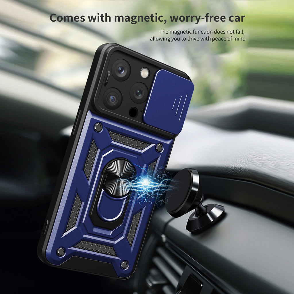 Kickstand Ring Holder With Slide Camera Cover Tpu Magnetic Car Mount For Apple Iphone 14 Pro In Blue