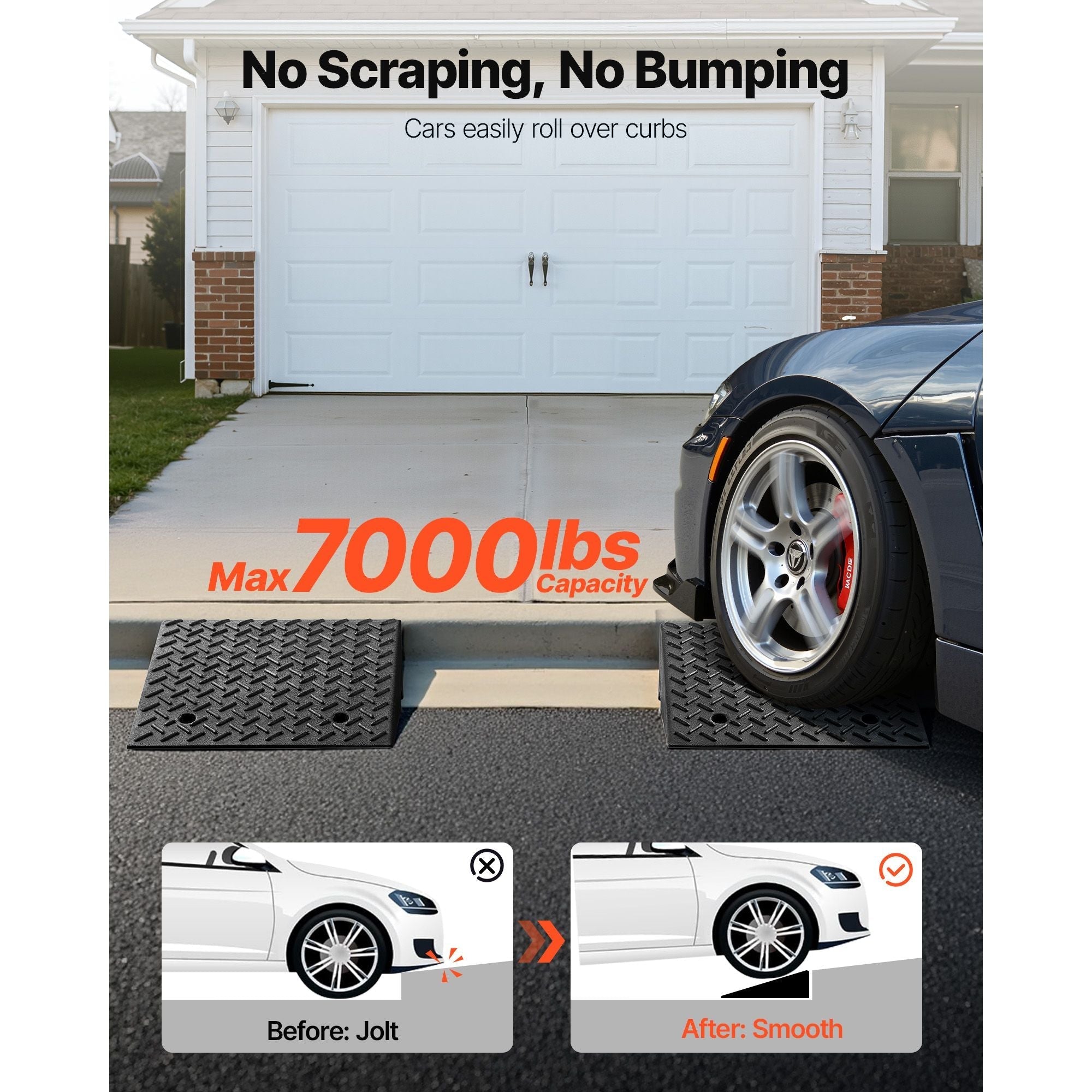 Driveway Curb Ramp, 7000 lbs Load Capacity, 7 Inches Rise Height Heavy Duty Curbside Bridge Ramp with Drainage Tank for Wheelchairs, Strollers, Motorcycles, Cars, Lawn Mowers & Trailers, 2 Pack