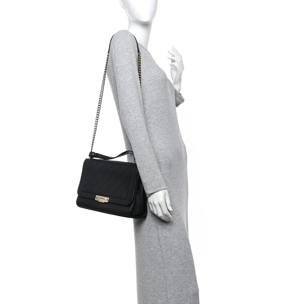 Grained Calfskin Quilted Large Label Click Flap Bag Black