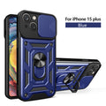 Kickstand Ring Holder With Slide Camera Cover Tpu Magnetic Car Mount For Apple Iphone 15 Plus In Blue
