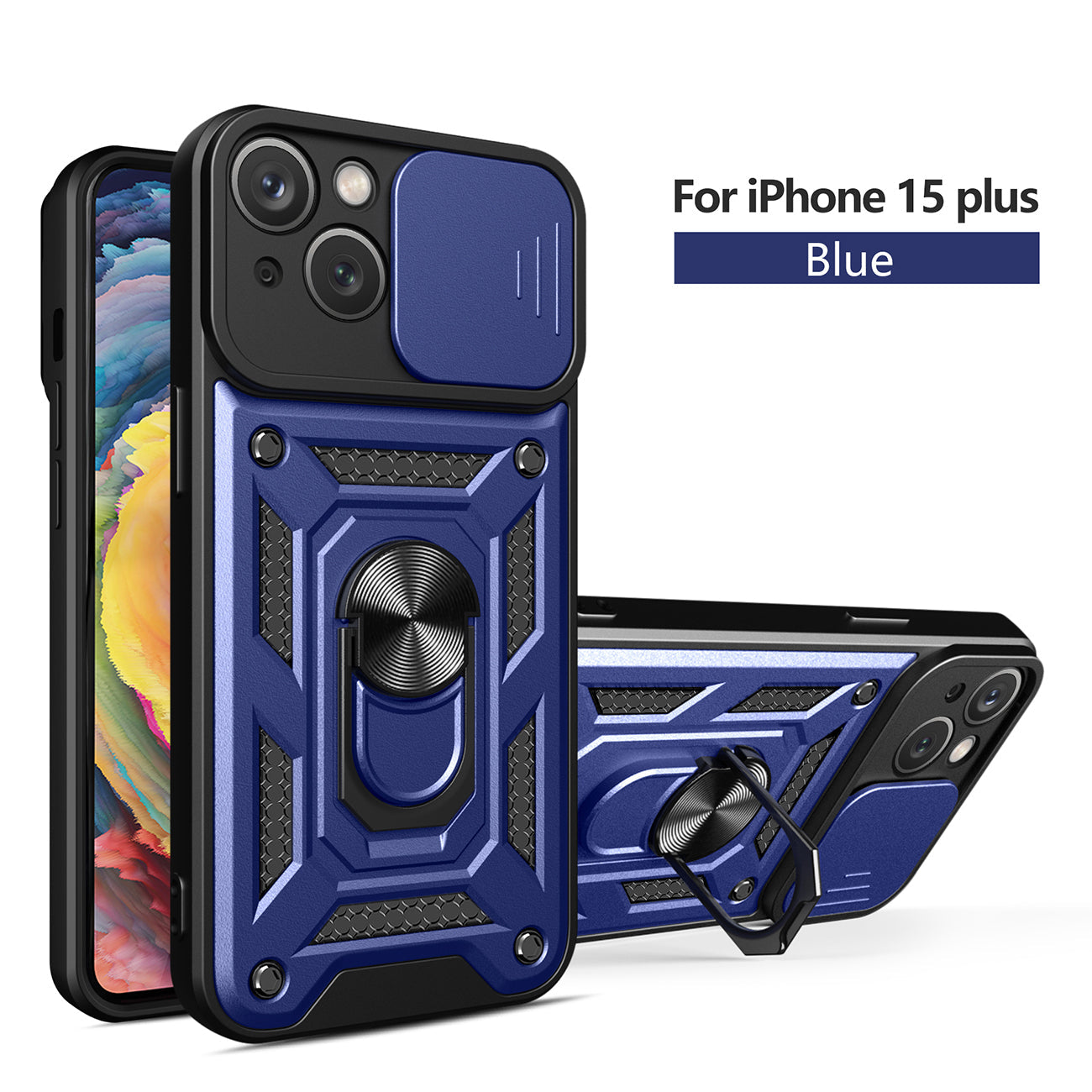 Kickstand Ring Holder With Slide Camera Cover Tpu Magnetic Car Mount For Apple Iphone 15 Plus In Blue
