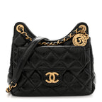 Shiny Crumpled Calfskin Quilted Small Wavy CC Hobo Black
