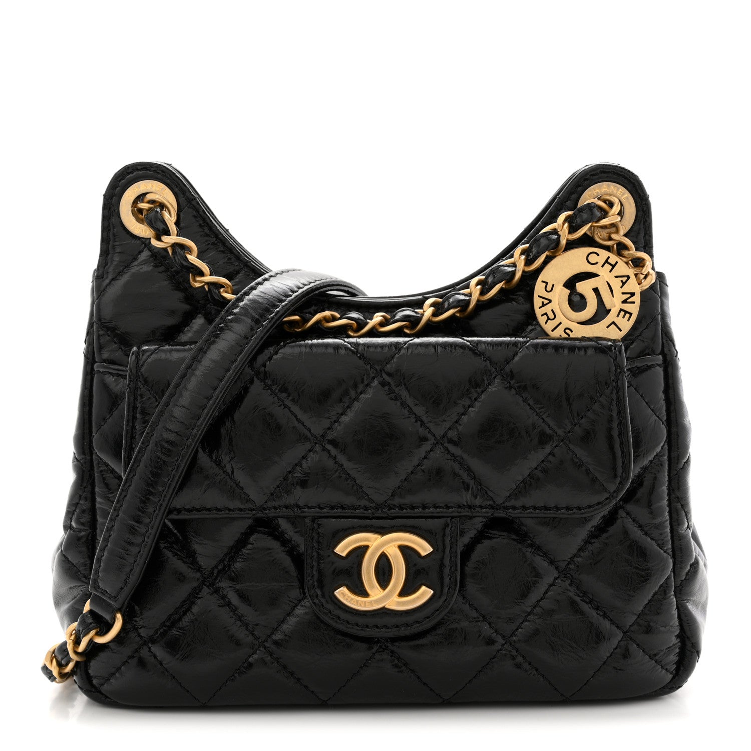 Shiny Crumpled Calfskin Quilted Small Wavy CC Hobo Black