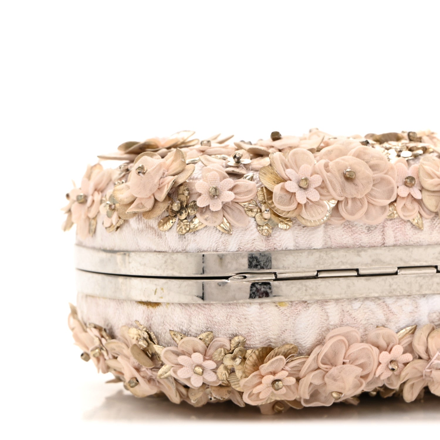 Flower Appliqued Silk Brocade Skull Box Clutch Light Pink