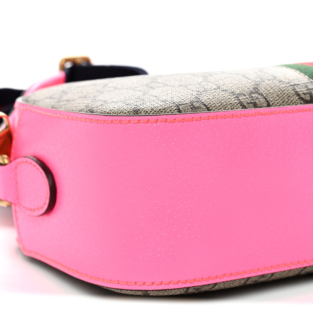 GG Supreme Monogram Textured Dollar Calfskin Web Ophidia Small Crossbody Bag Beige Ebony Fuchsia